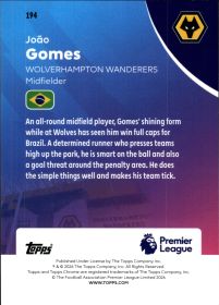 João Gomes - Topps Chrome Premier League Base Set 2025-26, Nr. 194 – Nummeriert, Yellow RayWave Refractor