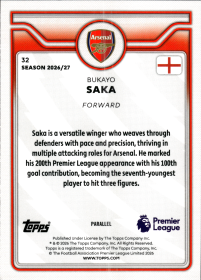Bukayo Saka - Topps Flagship Premier League Base Set 2026-27, Nr. 32 – Premier League Parallel