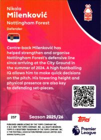 Nikola Milenković - Topps Match Attax Premier League Base Set 2025-26, Nr. 237