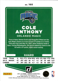 Cole Anthony - Panini Donruss Base Set 2021-22, Nr. 160