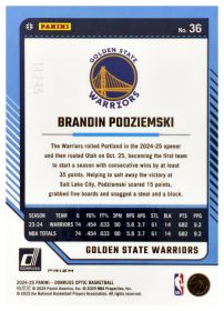 Brandin Podziemski - Panini Donruss Optic Base Set 2024-25, Nr. 36 – Nummeriert, Blue
