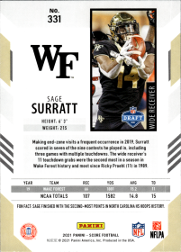 Sage Surratt - Panini Score Base Set 2021, Nr. 331 – Rookie Card