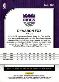 De'Aaron Fox - Panini Hoops Premium Stock Base Set 2019-20, Nr. 165