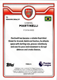Gabriel Martinelli - Topps Flagship Premier League Base Set 2026-27, Nr. 31 – Blue Voltage Parallel
