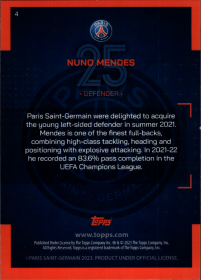 Nuno Mendes - Topps Paris Saint-Germain Official Team Set 2023-24, Nr. 4