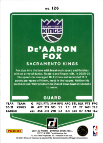 De'Aaron Fox - Panini Donruss Base Set 2021-22, Nr. 126