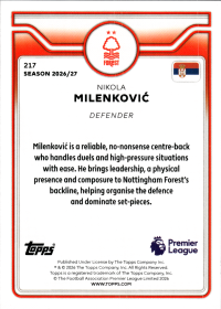 Nikola Milenković - Topps Flagship Premier League Base Set 2026-27, Nr. 217
