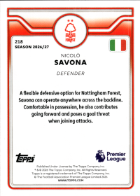 Nicolò Savona - Topps Flagship Premier League Base Set 2026-27, Nr. 218