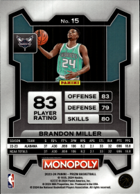 Brandon Miller - Panini Prizm Monopoly Base Set 2023-24, Nr. 15 – Rookie Card