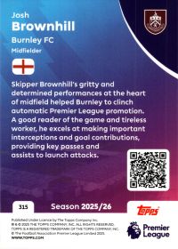 Josh Brownhill - Topps Match Attax Premier League Base Set 2025-26, Nr. 315