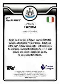 Sandro Tonali - Topps Flagship Premier League Base Set 2026-27, Nr. 209