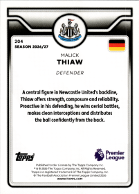 Malick Thiaw - Topps Flagship Premier League Base Set 2026-27, Nr. 204