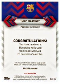 Iñigo Martínez - Topps FC Barcelona Team Set Blaugrana Relics 2023-24, Nr. BR-IM – Patch / Memorabilia, Nummeriert, Blue