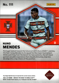 Nuno Mendes - Panini Mosaic FIFA Road to World Cup Base Set 2021-22, Nr. 111 – Rookie Card