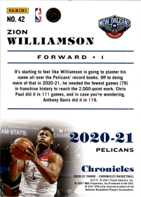 Zion Williamson - Panini Chronicles Base Set 2020-21, Nr. 42
