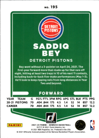 Saddiq Bey - Panini Donruss Base Set 2021-22, Nr. 195