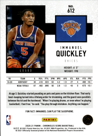 Immanuel Quickley - Panini Chronicles Base Set 2020-21, Nr. 612 – Rookie Card