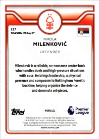 Nikola Milenković - Topps Flagship Premier League Base Set 2026-27, Nr. 217 – Numeriert, Yellow Mini Diamond Parallel