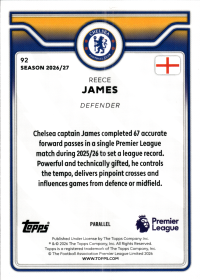 Reece James - Topps Flagship Premier League Base Set 2026-27, Nr. 92 – Numeriert, Aqua Sparkle Parallel