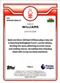 Neco Williams - Topps Flagship Premier League Base Set 2026-27, Nr. 221 – Pink Voltage Parallel