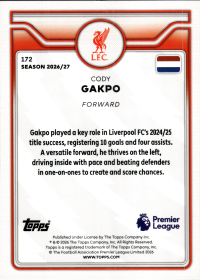 Cody Gakpo - Topps Flagship Premier League Base Set 2026-27, Nr. 172