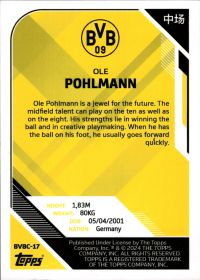 Ole Pohlmann - Topps Borussia Dortmund Team Set China Edition Base Set 2023-24, Nr. BVBC-17 – Rookie Card
