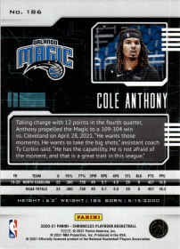 Cole Anthony - Panini Chronicles Playbook 2020-21, Nr. 186