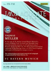 Thomas Müller - Panini Immaculate Collection Premium Swatch Autographs 2021, Nr. PR-TM – Autogramm, Patch / Memorabilia, Nummeriert, Jersey Number