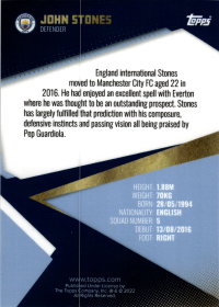 John Stones - Topps Manchester City Team Set Base Set 2021-22