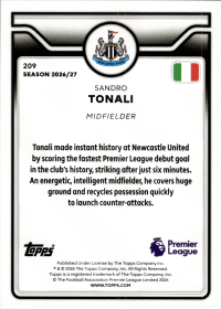 Sandro Tonali - Topps Flagship Premier League Base Set 2026-27, Nr. 209