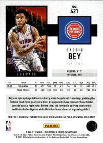 Saddiq Bey - Panini Chronicles Base Set 2020-21, Nr. 621 – Rookie Card