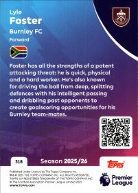 Lyle Foster - Topps Match Attax Premier League Base Set 2025-26, Nr. 318