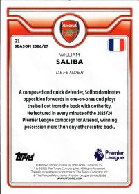William Saliba - Topps Flagship Premier League Base Set 2026-27, Nr. 21